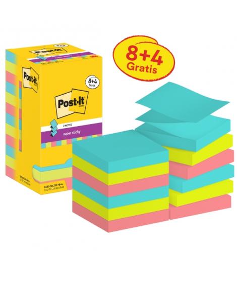 Post-It Super Sticky Pack de 12 Blocs de 90 Notas Adhesivas Reposicionables - Forma Cuadrada - 76x76mm - en Zig-Zag - Colores Su