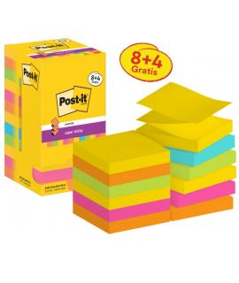 Post-It Super Sticky Pack de 12 Blocs de 90 Notas Adhesivas Reposicionables - Forma Cuadrada - 76x76mm - en Zig-Zag - Colores Su