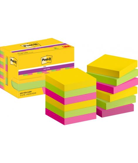 Post-It Super Sticky Pack de 12 Blocs de 90 Notas Adhesivas Reposicionables - Forma Cuadrada - 47.6x47.6mm - Colores Surtidos