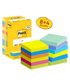 Post-It Pack de 12 Blocs de 90 Notas Adhesivas Reposicionables - Forma Cuadrada - 76x76mm - Colores Surtidos