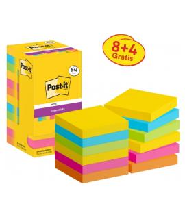 Post-It Super Sticky Pack de 12 Blocs de 90 Notas Adhesivas Reposicionables - Forma Cuadrada - 76x76mm - Colores Surtidos