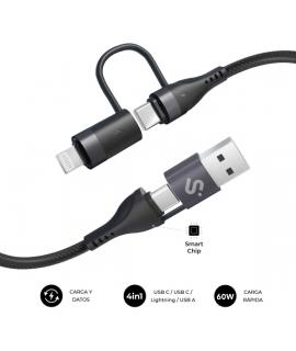 Subblim Cable Top 4 en 1 - USB-A USB-C Lightning - 60W - Nylon Trenzado - Carga Rapida - 1 Metro