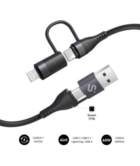 Subblim Cable Top 4 en 1 - USB-A USB-C Lightning - 60W - Nylon Trenzado - Carga Rapida - 1 Metro