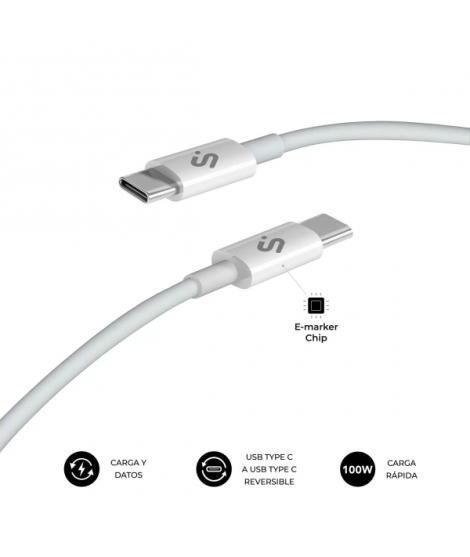 Subblim Cable Plus USB-C - 100W - Nylon Trenzado - 480Mbps - Chip E-Marker - 2 Metros - Color Blanco