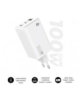 Subblim Cargador de Pared GaN 100W - 3 Puertos (2xUSB-C + 1xUSB-A) - Carga ultra rápida - Color Blanco