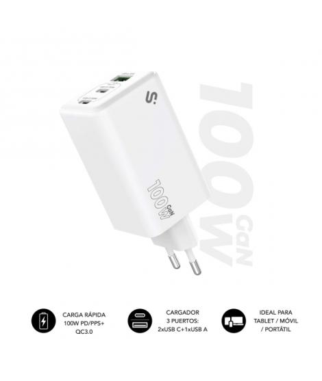 Subblim Cargador de Pared GaN 100W - 3 Puertos (2xUSB-C + 1xUSB-A) - Carga ultra rápida - Color Blanco