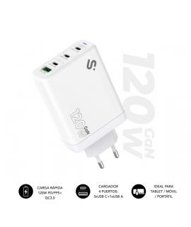 Subblim Cargador de Pared GaN 120W - 4 Puertos (3xUSB-C + 1xUSB-A) - Carga ultra rápida - Color Blanco
