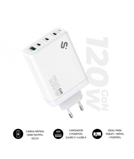 Subblim Cargador de Pared GaN 120W - 4 Puertos (3xUSB-C + 1xUSB-A) - Carga ultra rápida - Color Blanco