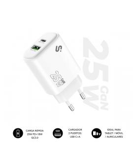 Subblim Cargador de Pared GaN 25W - USB-C + USB-A - Carga rápida - Color Blanco