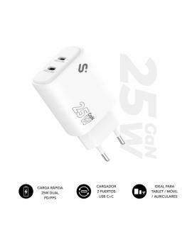 Subblim Cargador de Pared GaN 25W - 2xUSB-C - Carga rápida - Color Blanco