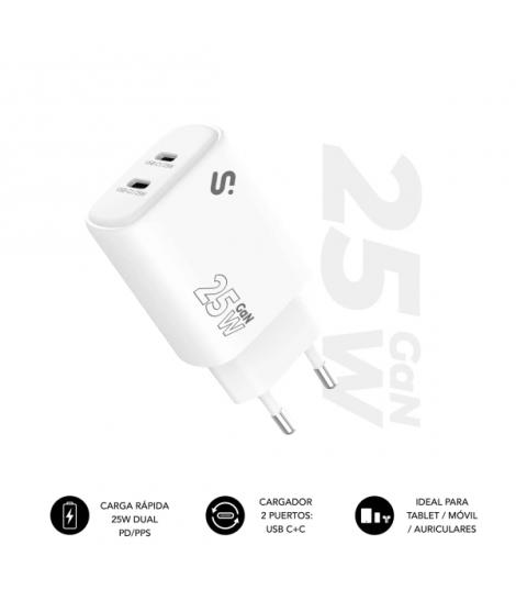 Subblim Cargador de Pared GaN 25W - 2xUSB-C - Carga rápida - Color Blanco