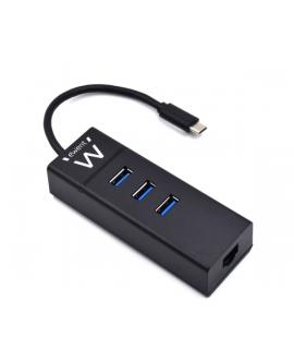 Ewent Hub USB-C 4 en 1 - 3x USB-A - 1x RJ45 - hasta 1000Mbps - Cable de 15cm - Color Negro