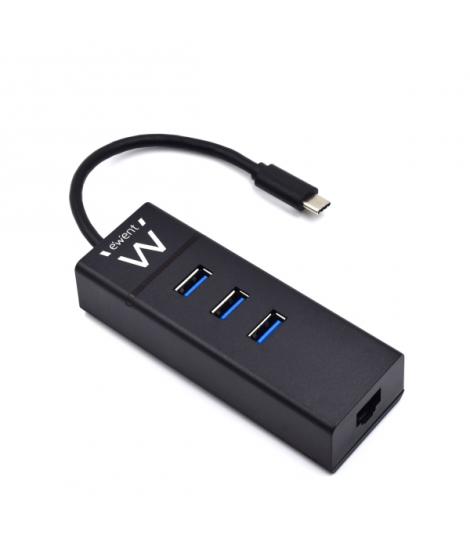 Ewent Hub USB-C 4 en 1 - 3x USB-A - 1x RJ45 - hasta 1000Mbps - Cable de 15cm - Color Negro
