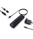 Ewent Hub USB 7 en 1 - Alimentacion Externa - Interruptores Individuales - Incluye Adaptador USB-C - Cable de 1.2m - Color Negro