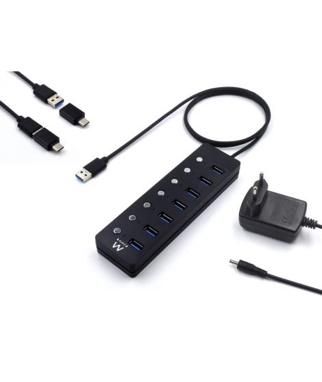 Ewent Hub USB 7 en 1 - Alimentacion Externa - Interruptores Individuales - Incluye Adaptador USB-C - Cable de 1.2m - Color Negro