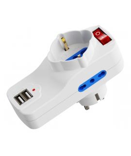 Ewent Regleta de 3 Tomas de Pared - 3x Tomas Italianas Tipo L/ Schuko de 10/16A - 2 Tomas L + 1 Toma L/F (Schuko) - 2x USB-A - I
