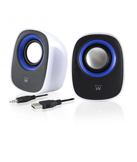 Ewent Altavoces Estereos de Sobremesa - Alimentacion USB - Control de Volumen - Jack de 3.5mm - Color Blanco/Negro