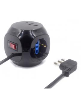 Ewent Regleta con 6 Tomas de Sobremesa en Forma de Cubo - 3 Tomas L/F (Schuko) - 2x USB-A - 1x USB-C - Enchufe Italiano Plano en