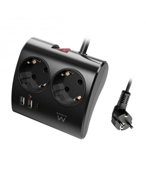Ewent Regleta de 5 Tomas de Sobremesa - 2x Schuko 16A - 2x USB-A - 1x USB-C - Interruptor On/Off - Cable de 1.5m - Color Negro