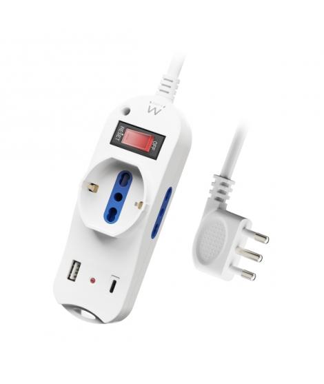 Ewent Regleta con 6 Tomas - 2 Tomas L + 1 Toma L/F (Schuko) - 1x USB-A - 1x USB-C - Enchufe Italiano Plano en Angulo - Interrupt