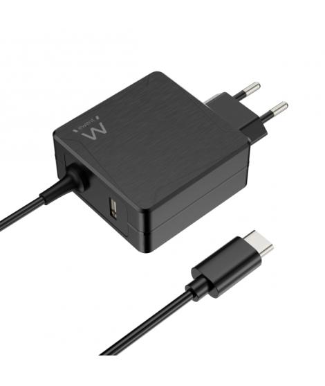 Ewent Cargador de Pared USB-C de 65W - Power Delivery - USB-A Extra - Cable de 1.5m - Proteccion Electrica - Color Negro