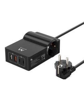 Ewent Cargador USB con 2 Tomas de Corriente Tipo Schuko 16A - 65W GaN - 2x USB-A - 2x USB-C - Cable de 1.5m - Proteccion Infanti