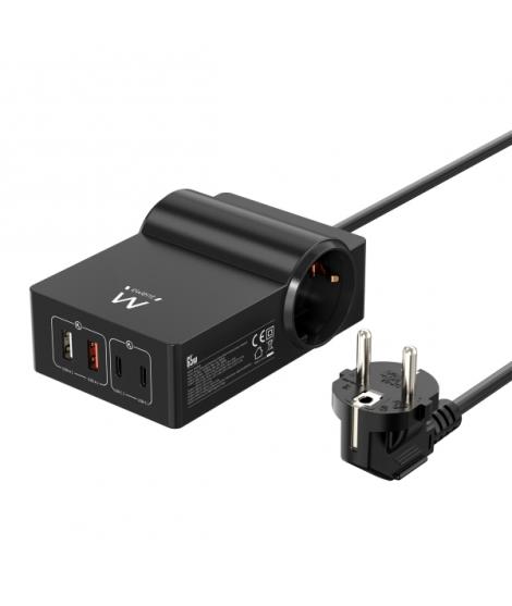 Ewent Cargador USB con 2 Tomas de Corriente Tipo Schuko 16A - 65W GaN - 2x USB-A - 2x USB-C - Cable de 1.5m - Proteccion Infanti
