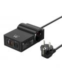 Ewent Cargador USB con 2 Tomas de Corriente Tipo Schuko 16A - 65W GaN - 2x USB-A - 2x USB-C - Cable de 1.5m - Proteccion Infanti