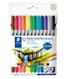 Staedtler 3200 Pack de 12 Rotuladores de Doble Punta - Resistente a la Presion - Colores Surtidos