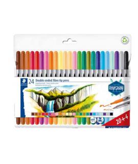 Staedtler 3200 Pack de 24 Rotuladores de Doble Punta - Resistente a la Presion - Colores Surtidos