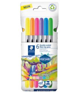 Staedtler 3200 Pack de 6 Rotuladores de Doble Punta - Resistente a la Presion - Colores Neon Surtidos