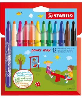 Stabilo Power Max Pack de 12 Rotuladores de Punta Gruesa - Trazo 3mm - Tinta Lavable - No se Seca - Colores Surtidos