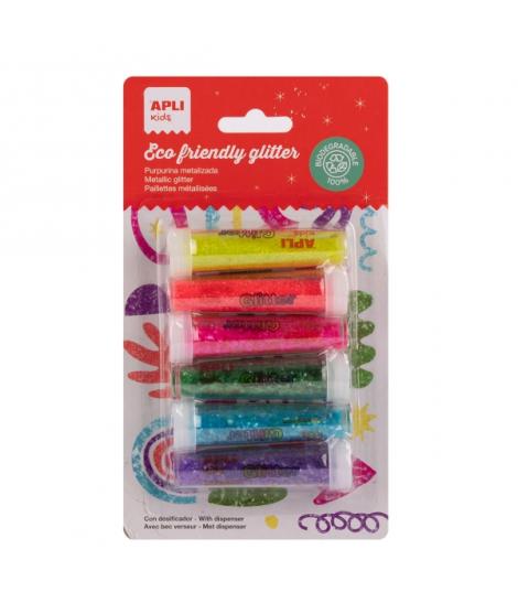 Apli Pack con 6 Botes de Purpurina Biodegradable 6gr por Bote - Colores Fluor Surtidos