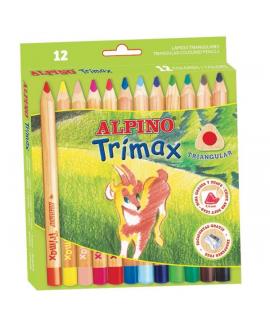Alpino Trimax Pack de 12 Lapices de Colores Triangulares Gruesos + Sacapuntas - Mina de 5.4mm - Resistente al Agua - Bandeja Ext