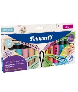 Pelikan Textmarker 490 Pack con 12 Marcadores Fluorescentes - Base de Agua - 3 Anchos de Trazo - Colores Fluor y Pastel Surtidos