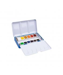 Milan Art Estuche Metalico de 12 Acuarelas Medio Godet - Opacos y Resistentes a la Luz - Mezclables - Bandeja Abatible - Colores