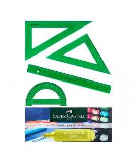 Faber-Castell Pack Escolar de 4 Reglas - Regla Recta - Transportador - Escuadra - Cartabon - Color Verde Tranparente