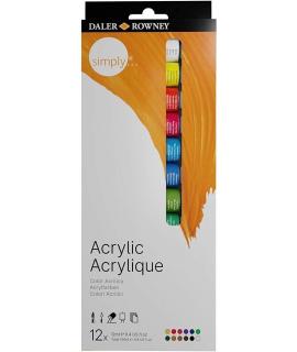 Daler Rowney Simply Pack de 12 Pinturas Acrilicas 12ml - Secado Rapido - Optima Cobertura - Mezclables - Colores Surtidos