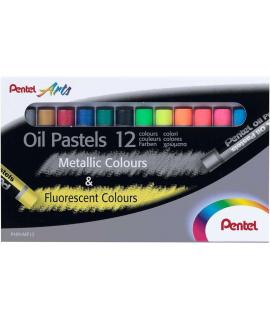 Pentel Oil Pastels Pack de 12 Pasteles Oleo - 6 Metalicos y 6 Fluorescentes - Blandos, Cremosos y de Secado Lento - Colores Meta