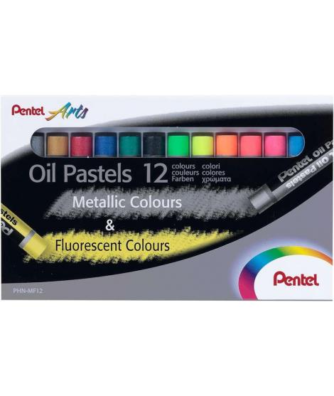 Pentel Oil Pastels Pack de 12 Pasteles Oleo - 6 Metalicos y 6 Fluorescentes - Blandos, Cremosos y de Secado Lento - Colores Meta