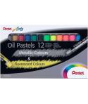 Pentel Oil Pastels Pack de 12 Pasteles Oleo - 6 Metalicos y 6 Fluorescentes - Blandos, Cremosos y de Secado Lento - Colores Meta