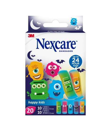 Nexcare Happy Kids Monsters Pack de 20 Apositos Surtidos - Transpirables - para Pieles Delicadas - Color Estampado Infantil