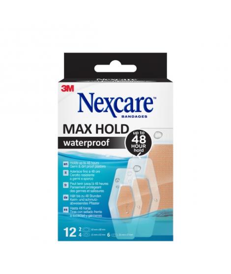 Nexcare Max Hold Waterproof Pack de 12 Apositos Surtidos - Impermeable - Fijacion 48H - Transpirable - Color Transparente