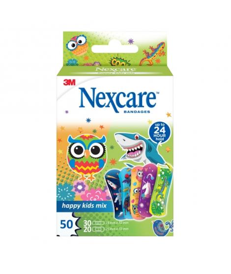 Nexcare Happy Kids Mix Pack de 50 Apositos Surtidos - Transpirables - para Pieles Delicadas - Color Estampado Infantil
