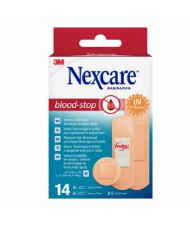Nexcare Blood-Stop Pack de 14 Apositos Surtidos - Resistente al Agua - Mayor Rapidez Deteniendo Hemorragias - Color Piel