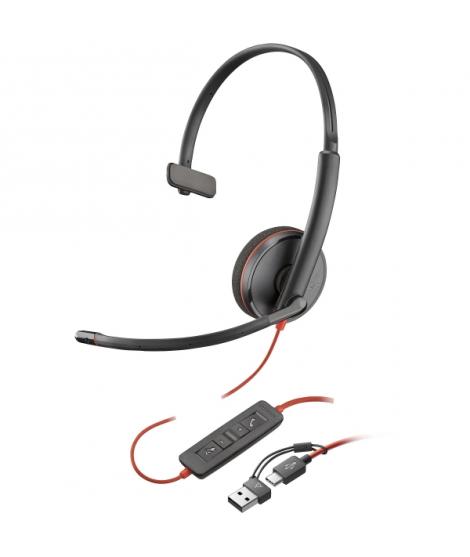 Plantronics/Poly Blackwire C3210 USB-C/USB-A Auricular Monoaural con Microfono - Almohadilla Acolchada - Controles en Cable