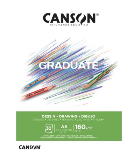 Canson Graduate Dibujo Bloc Encolado de 30 Hojas A5 - 160g - Grano Fino - Color Blanco Natural