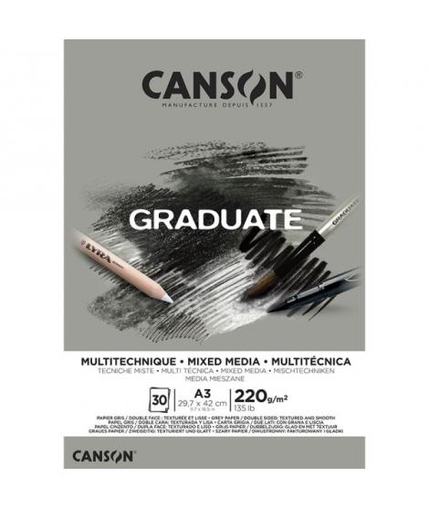 Canson Graduate Mix Media Bloc Encolado de 30 Hojas A3 - 220g - Grano Fino - Color Gris