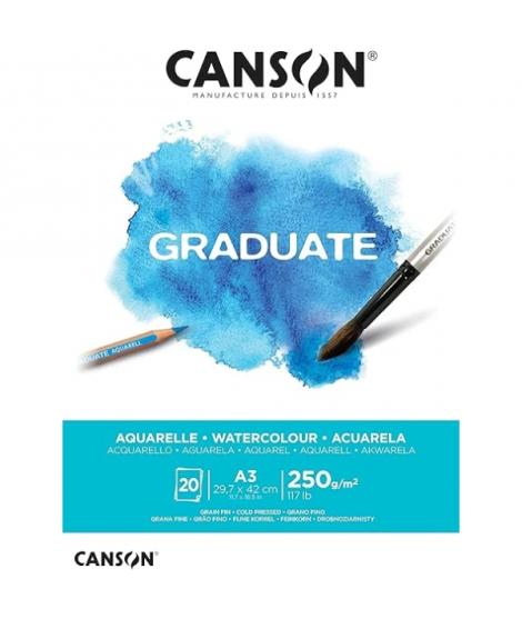 Canson Graduate Acuarela Bloc Encolado de 20 Hojas A3 - 250g - Grano Fino - Color Blanco