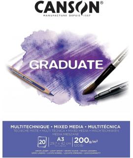 Canson Graduate Mix Media Bloc Encolado de 20 Hojas A3 de 200g - Grano Fino - Color Blanco